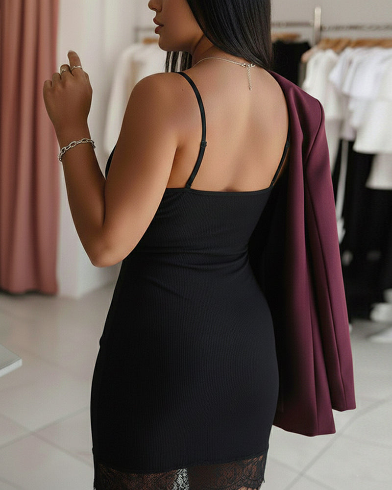 Deep V-Neck Adjustable Spaghetti Straps Lace Spliced Mini Dress Slim Fit Ribbed Cami Dress