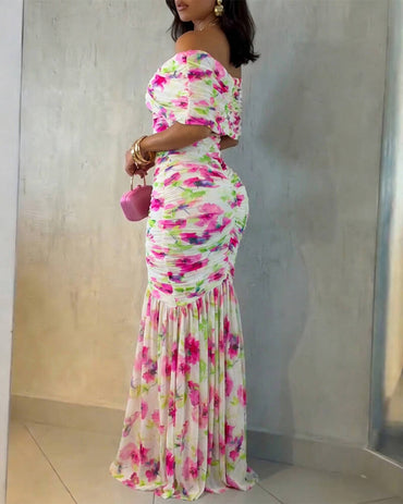 Floral Print Foldover Off Shoulder Ruched Maxi Dress Elegant Mermaid Hem Party Dress