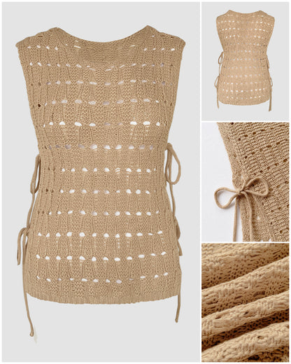 Round Neck Sleeveless Hollow-out Crochet Sweater Casual Tie Side Breathable Crop Top