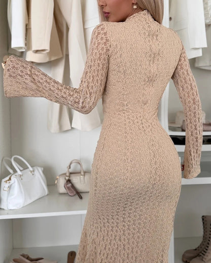 Women's Elegant Lace Mock Neck Bodycon Dress Slim Fit Flare Long Sleeve Mermaid Dress Evening Gown