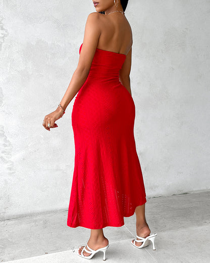 Sleeveless Ruched Cinched Waist Draped Bandeau Dress Eyelet Embroidery Slit Asymmetrical Hem Vacation Dress