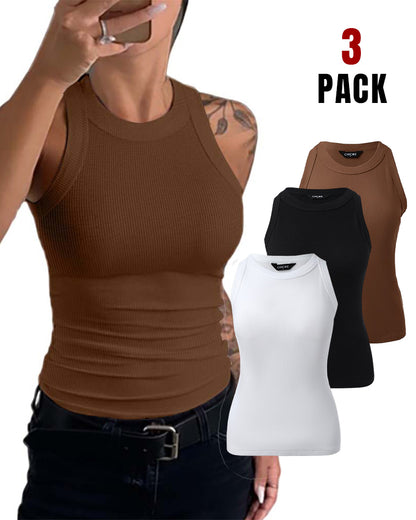 3 Pack Knit Round Neck Thick Strap Racerback Tank Tops(Without Pads)