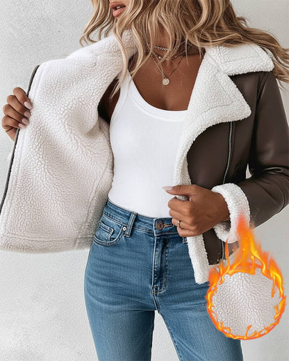 PU Leather Notched Collar Zip Up Vintage Thermal Lined Biker Jacket Faux Shearling Trim Crop Coat