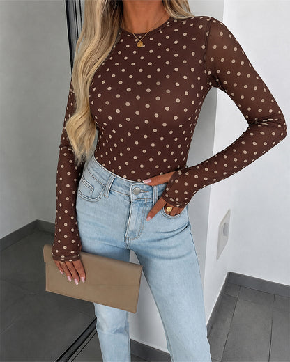 Women's Mesh Polka Dot Top Lined Sheer Long Sleeve Tee Crewneck Slim Fit Layering Under Base Top with Thumbholes