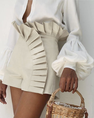 Ruffle Hem Ruched High Waist Shorts