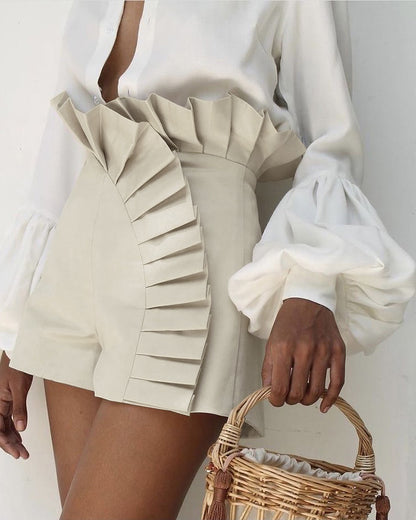 Ruffle Hem Ruched High Waist Shorts