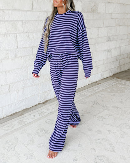 Women's 2 Piece Striped Outfits Long Sleeve Crewneck Top and Wide Leg Pants Set