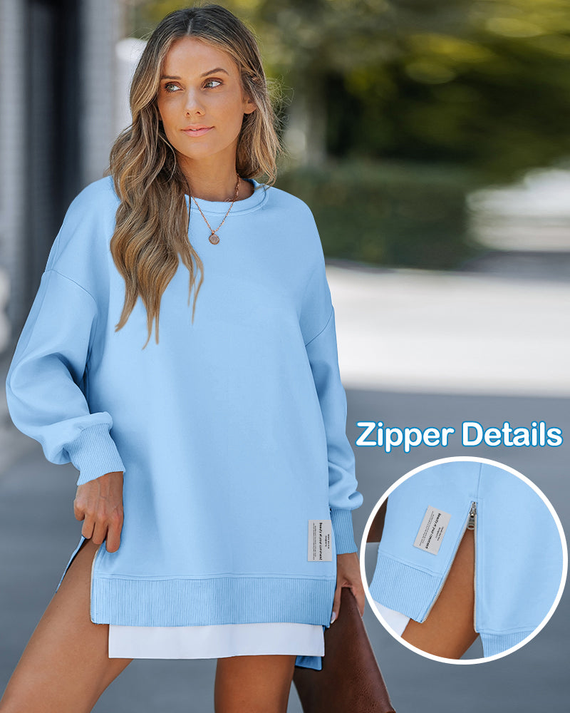 Letter Patch Detail Long Sleeve Drop Shoulder Pullover Sweatshirt Casual Zipper Side Slit Top