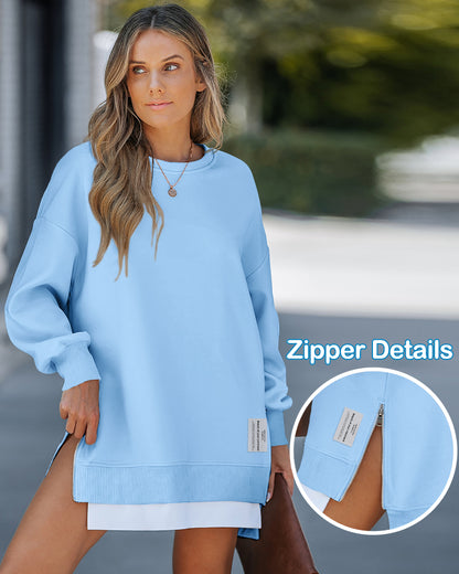 Letter Patch Detail Long Sleeve Drop Shoulder Pullover Sweatshirt Casual Zipper Side Slit Top