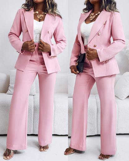 2 Pieces Outfit Notched Collar Double-Breasted Flap Detail Coat and Zipper Fly Elastic Back Waist Slim Fit Flared Pants Set Casual Blazer Set