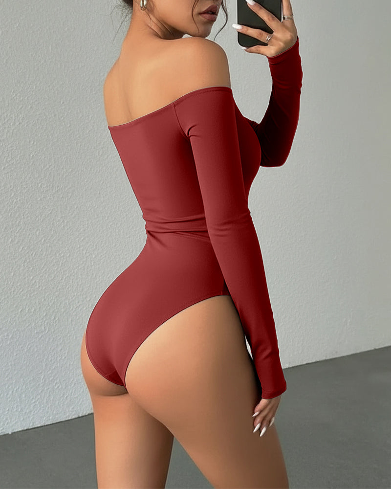 Off Shoulder Long Sleeve Slim Fit Versatile Bodysuit with Thumb Hole Cuffs