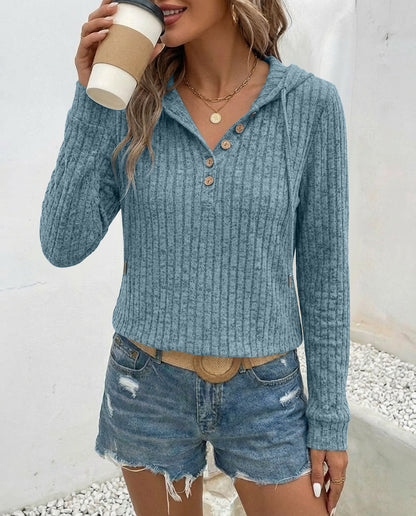 Long Sleeve Half Button Front Drawstring Hoodie Sweatshirt Casual Ribbed Brushed Top