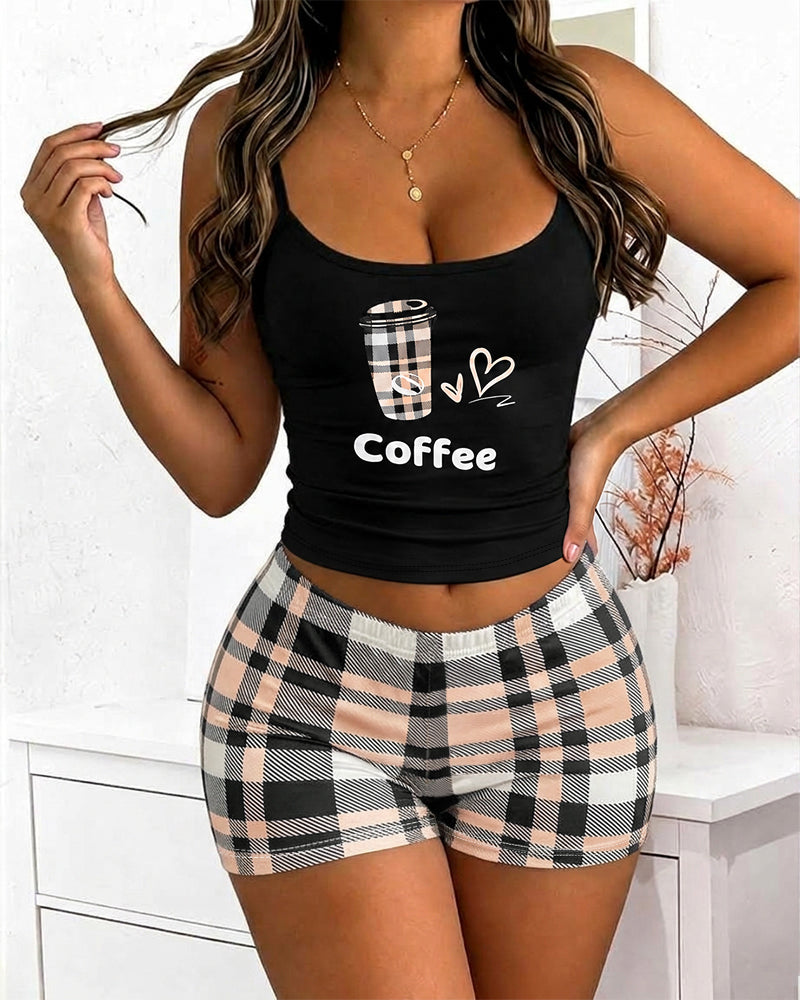 Women's Two Piece Pajamas Set Coffee Print Adjustable Strap Crop Cami Top and Plaid Shorts
