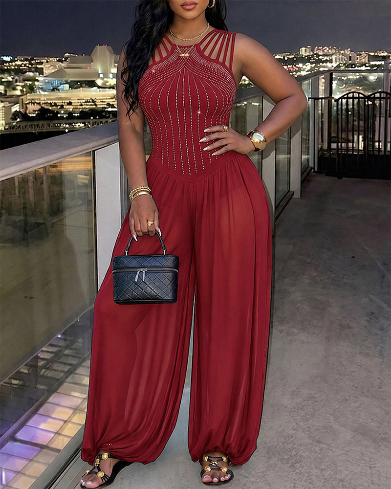 Women's Rhinestone Cutout Jumpsuit Sleeveless Sheer Chiffon Lantern Leg Overalls