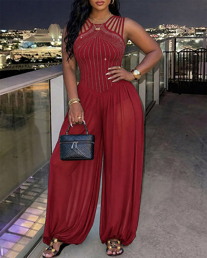 Women's Rhinestone Cutout Jumpsuit Sleeveless Sheer Chiffon Lantern Leg Overalls