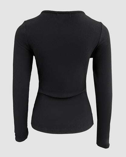 Metal Decor V-Neck Long Sleeve Sexy Hollow-out Slim Fit Top