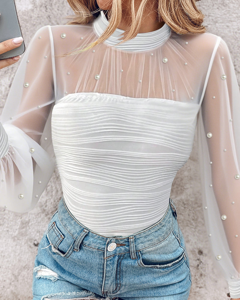 Pearls Decor High Neck Sheer Mesh Spliced Ruched Tee Hollow-out Back Slim Fit Textured Top