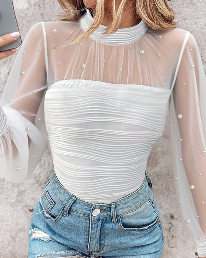 Pearls Decor High Neck Sheer Mesh Spliced Ruched Tee Hollow-out Back Slim Fit Textured Top