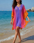 Women's Beach Cover Up Colorblock Stripe V Neck Batwing Sleeve Side Slit Cover Up