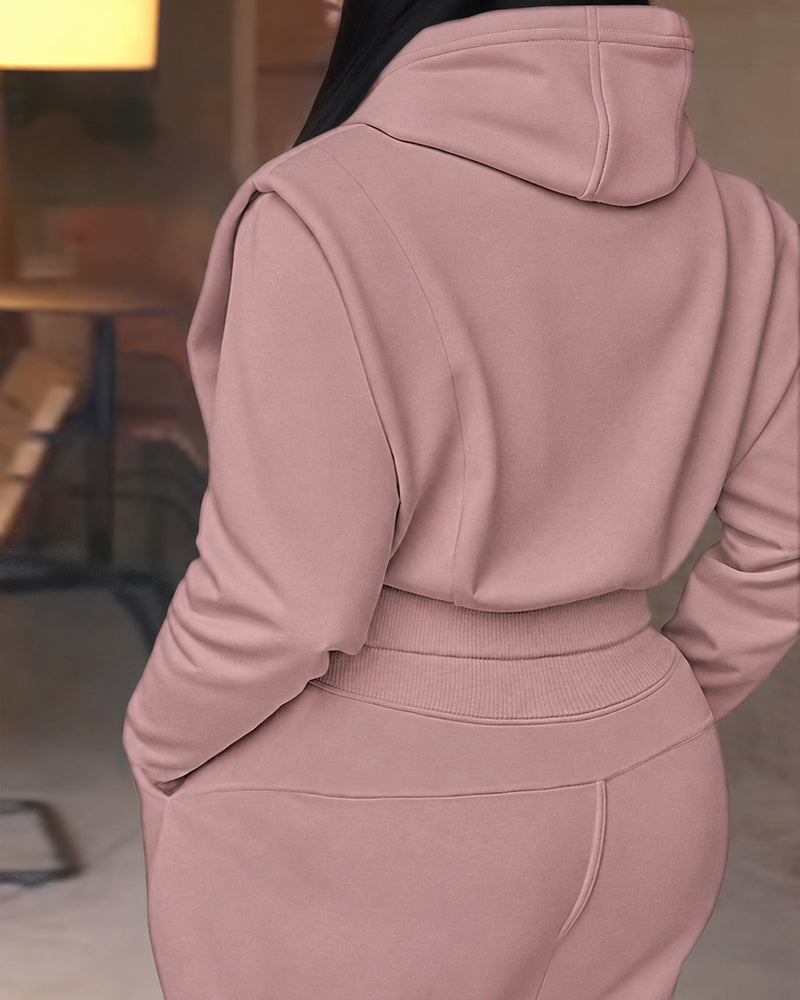 2-teiliges Outfit, langärmliges, kurzes Kapuzenpullover-Sweatshirt mit Kordelzug, Bündchen mit Daumenlöchern und lässigem Jogginghosen-Set mit Kordelzug und elastischer Taille mit weitem Bein 
