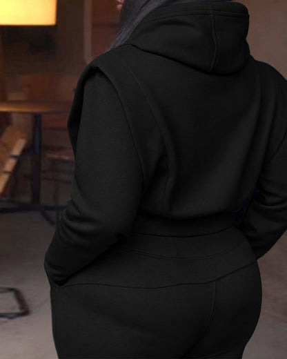 2-teiliges Outfit, langärmliges, kurzes Kapuzenpullover-Sweatshirt mit Kordelzug, Bündchen mit Daumenlöchern und lässigem Jogginghosen-Set mit Kordelzug und elastischer Taille mit weitem Bein 