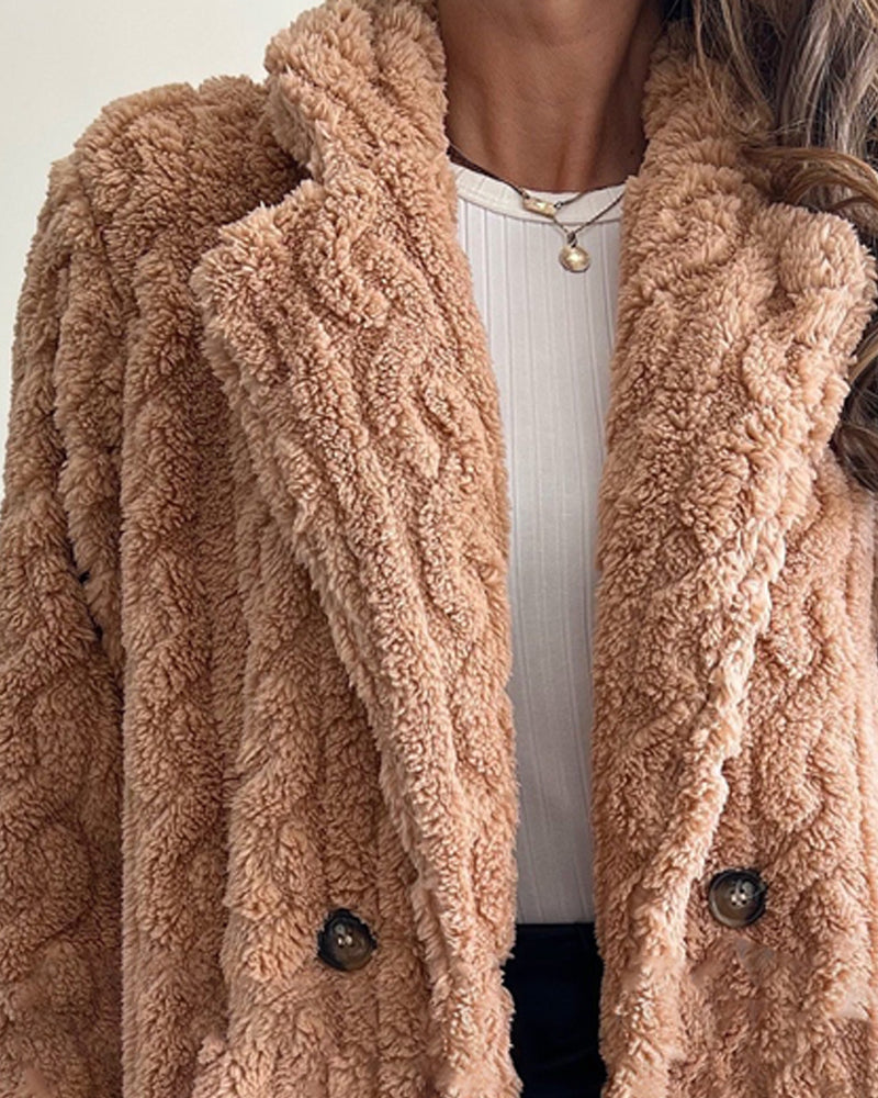 Cable Textured Lapel Neck Button Front Pocket Design Thermal Teddy Coat