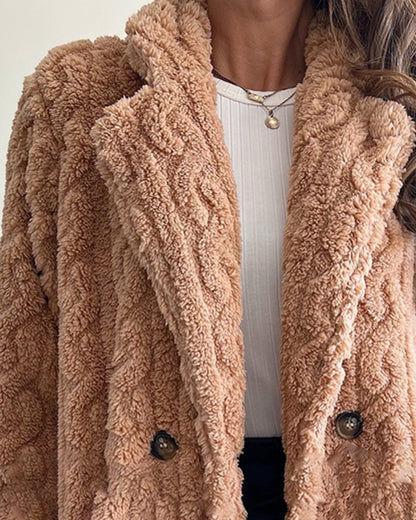 Cable Textured Lapel Neck Button Front Pocket Design Thermal Teddy Coat