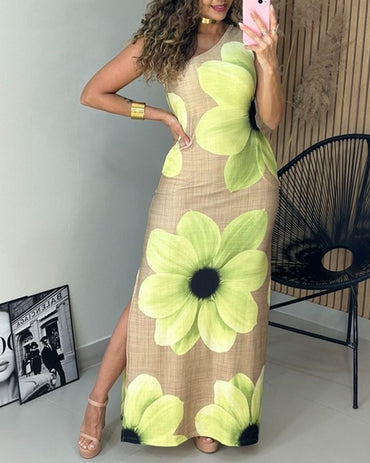 Women's One-Shoulder Floral Print Dress Sexy Side Slit Slim Fit Midi Dress Elegant Vacation Dress with Pockets