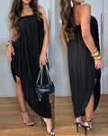 Women's Faux Two-Piece Dress Strapless Tube Dress Ruched Asymmetric Hem Dress with Detachable Clear Straps