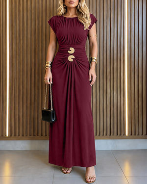 Vestido largo fruncido con cuello barco para mujer, vestido de noche formal con manga casquillo y hebilla dorada