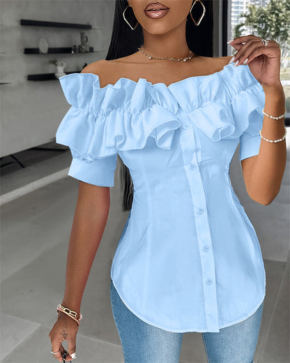 Off the Shoulder Short Sleeve Blouses Asymmetrical Button Ruffles Blouses