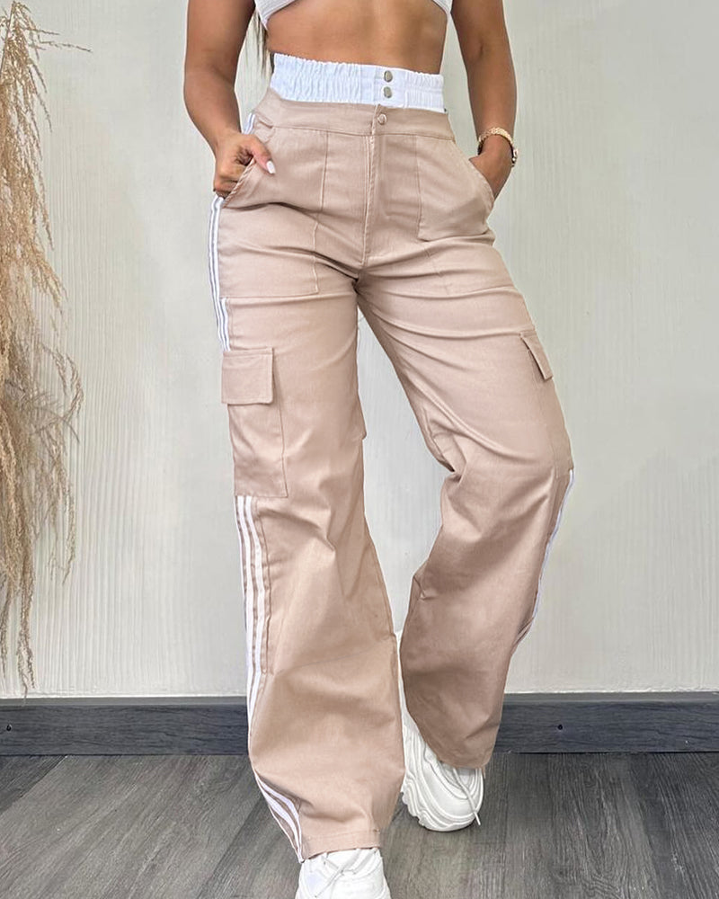 Contrast Side Striped Zipper Fly Stretchy High Waist Pants Flap Pockets Design Double Waistband Cargo Pants