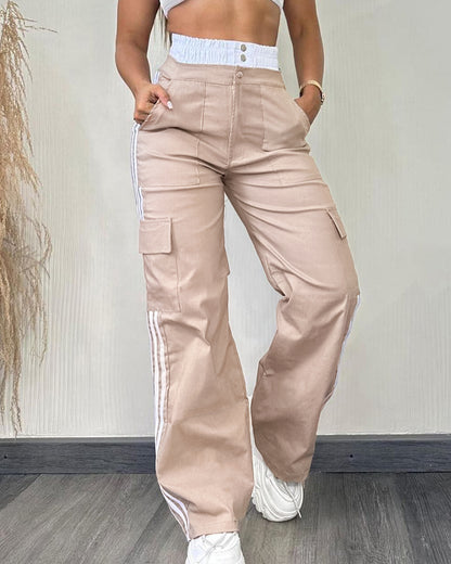 Contrast Side Striped Zipper Fly Stretchy High Waist Pants Flap Pockets Design Double Waistband Cargo Pants