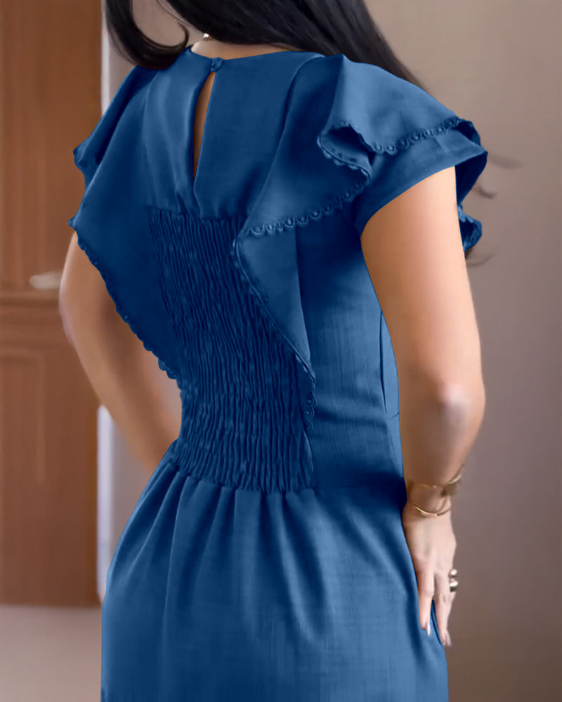 Butterfly Sleeve Hollow-out Back Shirred Work Dress Casual Cinched Waist Lace Trim Ruffle Hem Dress