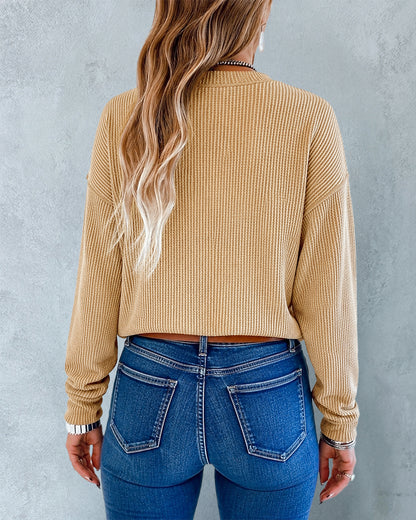 Women's Ribbed Knit Long Sleeve Top Casual Seam Crewneck Pullover