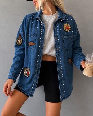 Damen-Jeansjacke mit Strasssteinen, Vintage-Abzeichen, bestickt, Button-Down, langärmelig, gewaschene Jeansjacke