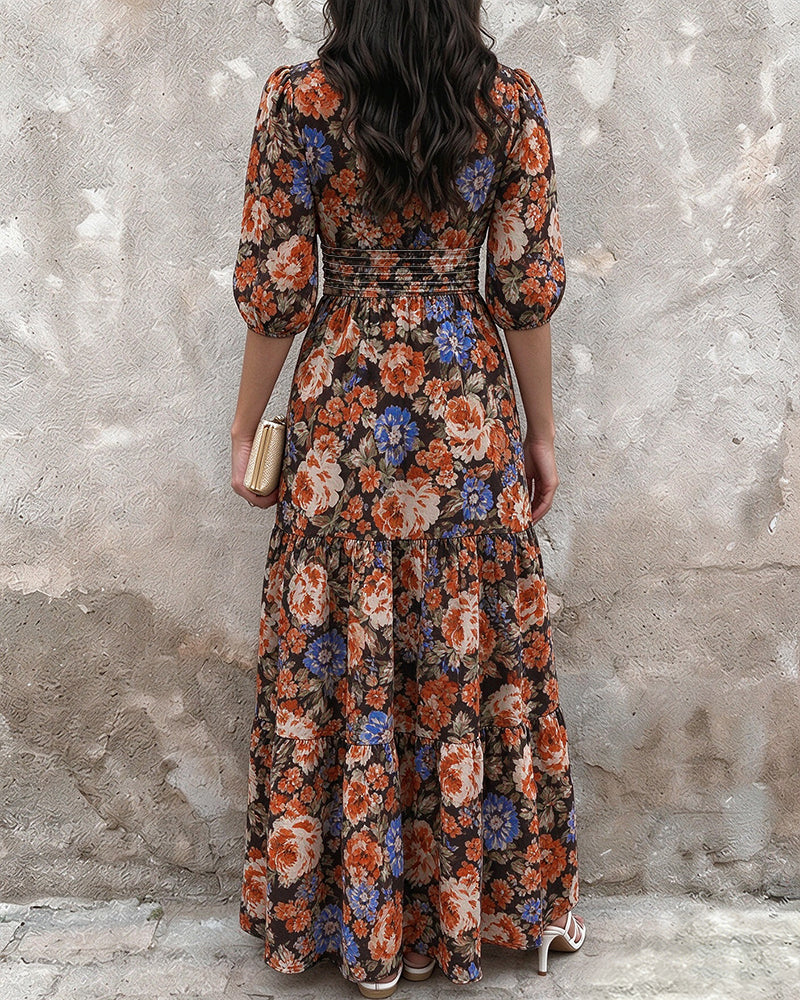 Vestido largo de gasa para mujer con flores vintage, escote en V, mangas abullonadas, cintura fruncida elástica y volantes