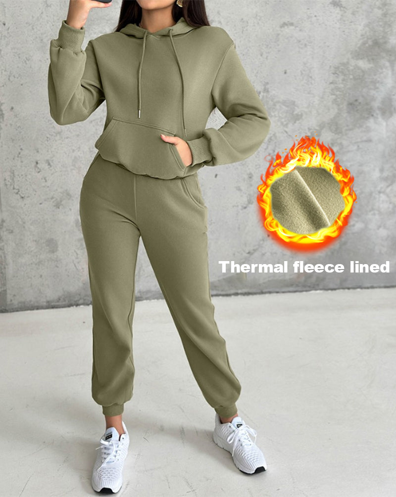 2 Pieces Outfit Kangaroo Pocket Thermal Lined Drawstring Hoodie Sweatshirt and Casual Elastic Waist Cinched Ribbed Cuffs Sporty Sweatpants Set