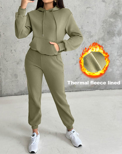 2 Pieces Outfit Kangaroo Pocket Thermal Lined Drawstring Hoodie Sweatshirt and Casual Elastic Waist Cinched Ribbed Cuffs Sporty Sweatpants Set
