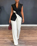 Women's Colorblock 2 Piece Suit Asymmetric Blazer Vest and High Waisted Straight Leg Pants Elegant Business Outfit