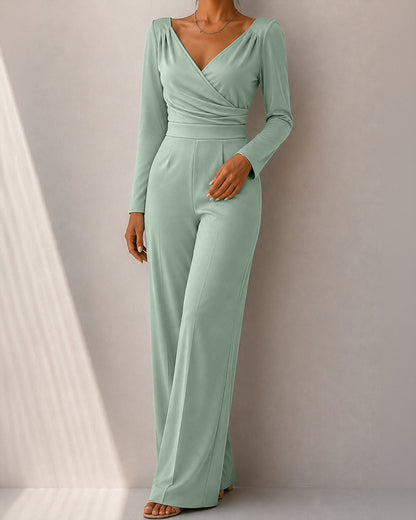 Women's Wrap Deep V Neck Long Sleeve High Waisted Wide Leg Jumpsuit Casual Ruched Overalls