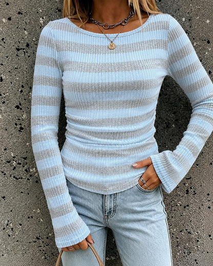 Women's Boat Neck Striped Long Flare Sleeve Ruched Knit Top
