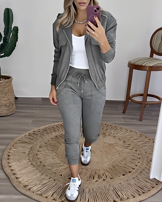 2 Pieces Outfit Long Sleeve Zip Up Flap Pockets Design Stretchy Hem Hoodie Coat and Drawstring Elastic Waist Slim Fit Pants Set