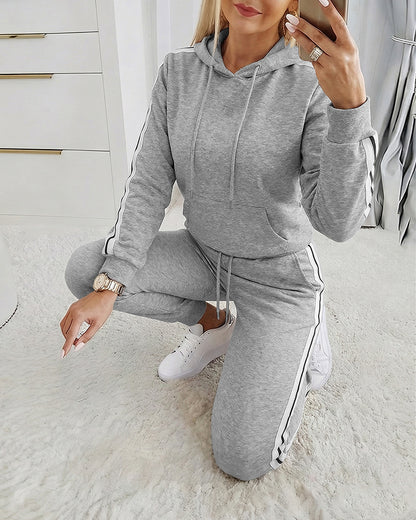 Women's Side Contrast Spliced 2-Piece Set Drawstring Hooded Sweatshirt and Jogger Set Casual Tracksuit