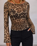 Women's Leopard Print Rhinestone Mesh Boat Neck Flare Sleeve Ruched Slim Top