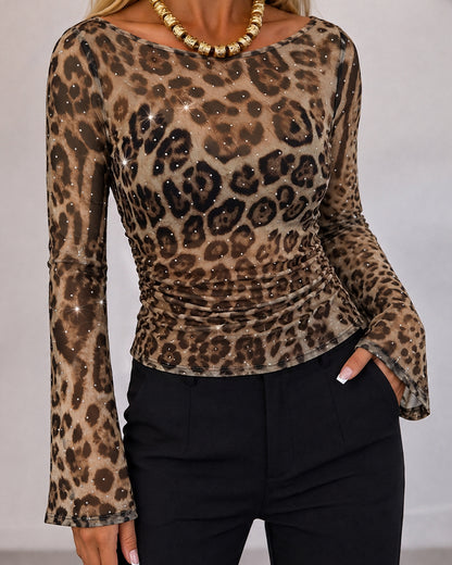 Women's Leopard Print Rhinestone Mesh Boat Neck Flare Sleeve Ruched Slim Top
