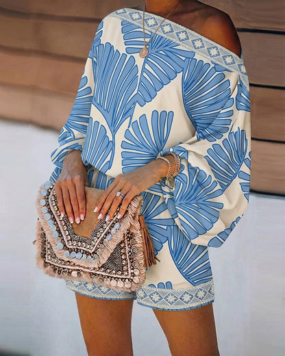 Women's Tropical Leaf Print 2 Piece Set Skew Neck Lantern Sleeve Top and Elastic Waist Shorts with Pockets & Lace