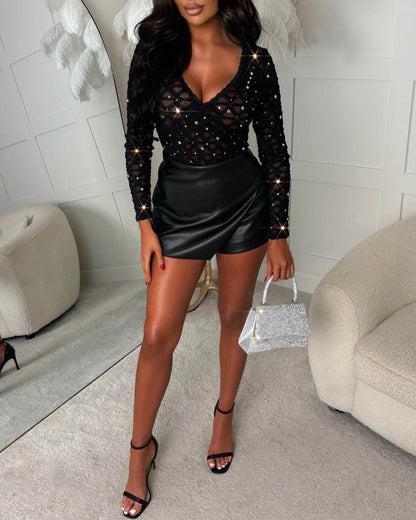 Women's Sparkly Rhinestone Sheer Mesh Bodysuit Lace Deep V Neck Long Sleeve Bodysuit