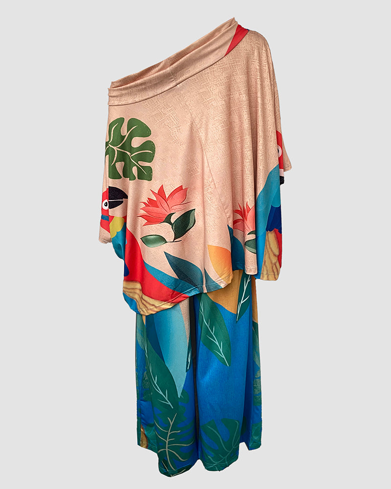 Women's 2-Piece Tropical Print Outfit Off Shoulder Batwing Sleeve Loose Top and Wide Leg Pants Set Casual Vacation Matching Suit