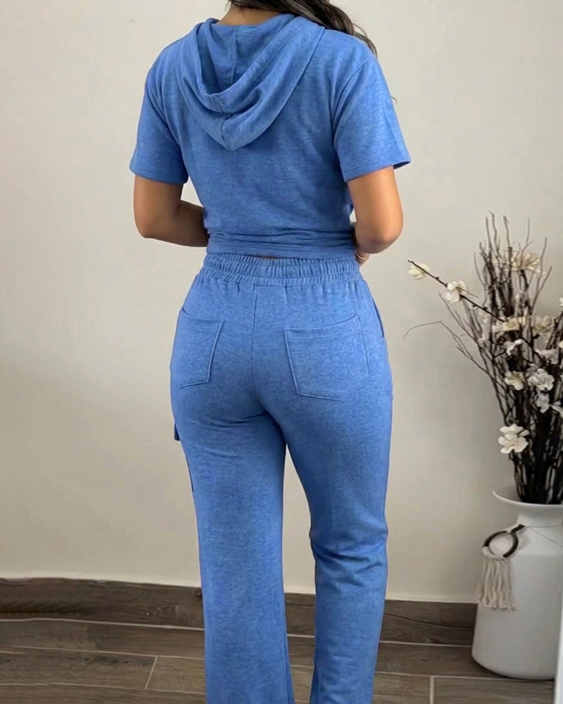 Women's Two Piece Outfits Short Sleeve Hoodie Top and High Waist Cargo Straight Leg Pants Set Casual Lounge Tracksuit
